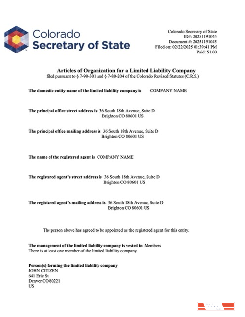 USA Colorado articles of organization Word and PDF template, version 2